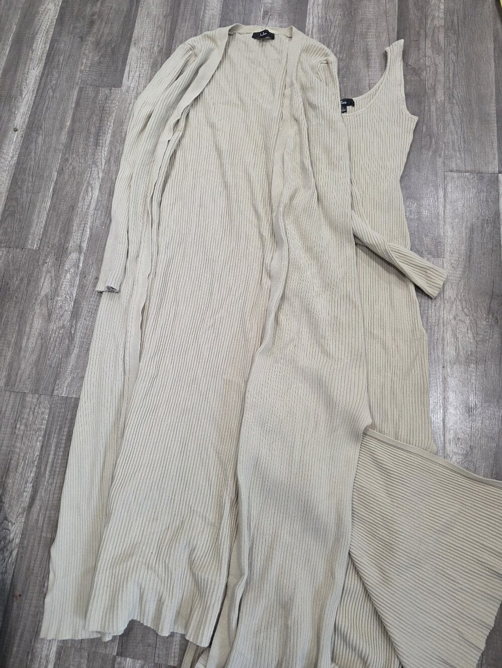LULUS Set Ribbed Scoop Neck Maxi Dress Cardigan Beige Y2k Clean Beauty Quiet - Picture 6 of 7
